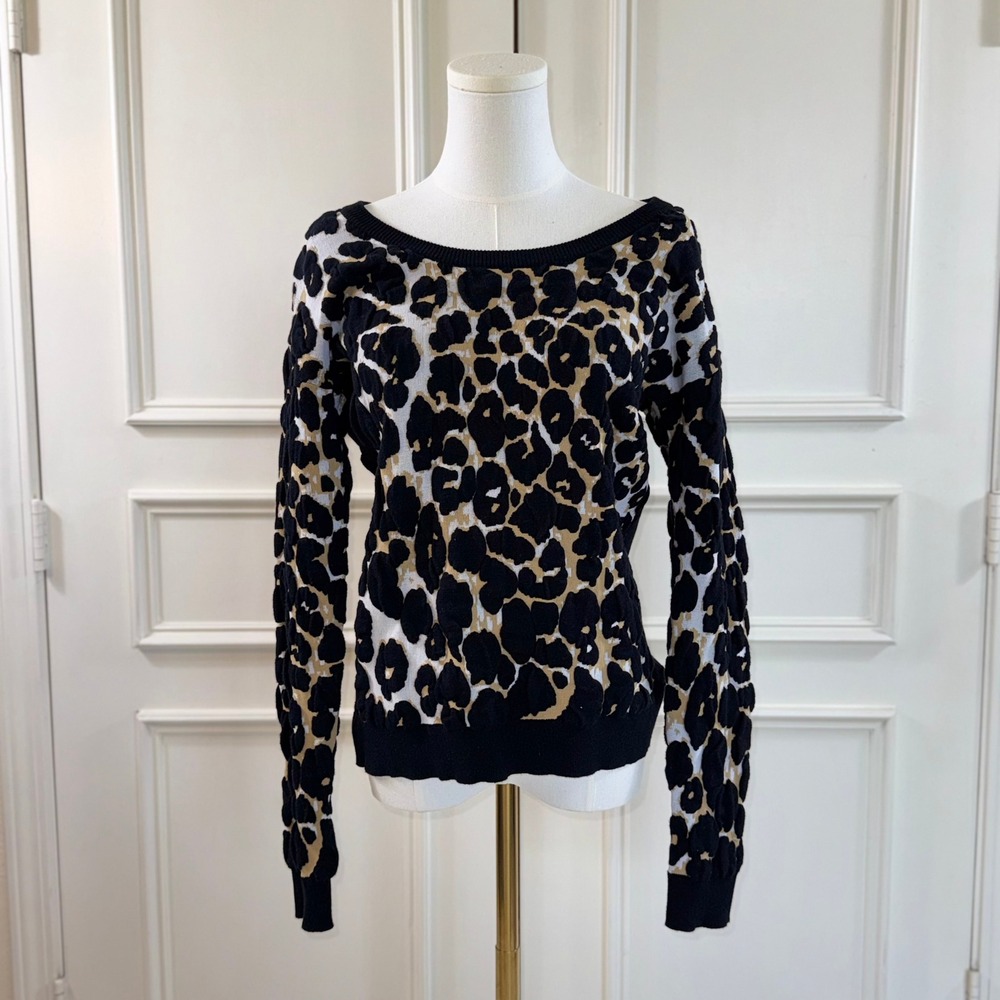 GB Gianni Bini Leopard Print Sweater Women's L Black Tan Cotton Blend
